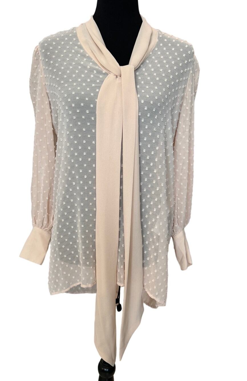 New ~ ADRIANNA PAPELL ~ Swiss Dot Tie Neck Long Sleeve Top Size XS